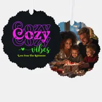 Neon Holiday Glow Cozy Vibes Retro Christmas Photo Ornament Card