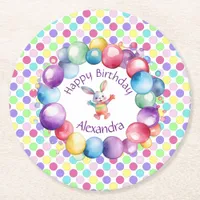 Cute Colorful Watercolor Bunny and Polka Dots Round Paper Coaster