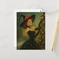 Adorable Vintage Witch Decorates Festive Yule Tree Postcard