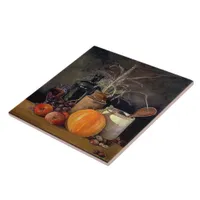 Autumn Decorations on Table, Pumpkin, Fruit, Drink Ceramic Tile