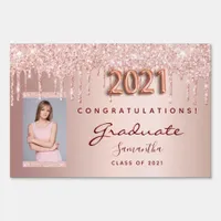 Graduation party 2021 photo rose gold glitter drip sign