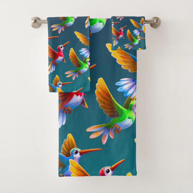 Colorful Hummingbirds in Flight Bath Towel Set