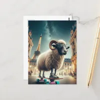 A skateboarding sheep in the city postcard