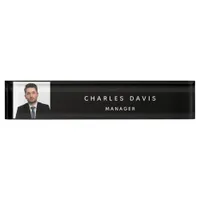 Photo black white monogram minimalist desk name plate