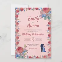 Blush Coral Pink Rose Floral Watercolor Wedding Invitation