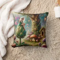 Fairy sitting on an Artichoke Magical Illutration Throw Pillow