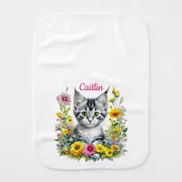 Watercolor Kitten in Yellow Flowers Personalized  Baby Burp Cloth