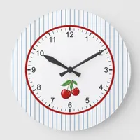 Red Cherries on Blue Stripes Graphic Pattern Large Clock