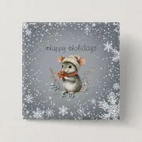 Cute Winter Mouse with Berries Button