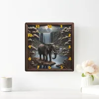 Majestic Elephant by Serene Waterfalls at Night Square Wall Clock