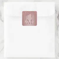 Luxury Rose Gold Sparkle Glitter Drips Monogram Square Sticker