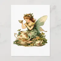 Fairy in Green Dress Tea Party Vintage Postcard