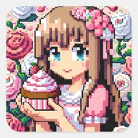 Pixel Art Girl's Pink Birthday Party Square Sticker