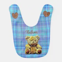 Personalized Blue Plaid Teddy Bear Baby Bib