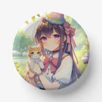 Pretty Anime Holding Kitten Girl's Birthday Paper Bowls