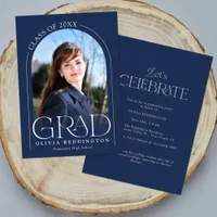 Navy Blue Modern Minimal Arch Photo Grad Party Invitation