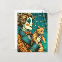 Blond Circus Clown and a Ginger Kitty Postcard