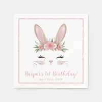 Pink Floral Bunny First Birthday Party Napkins