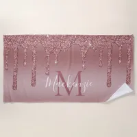 Glitzy GlamRose Gold Dripping Glitter Monogram Beach Towel