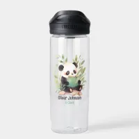 Watercolor Panda Reading A Book Name Water Bottle