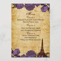 purp vintage eiffel tower Paris wedding menu cards