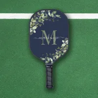 Elegant Navy Blue Eucalyptus Botanical Monogram Pickleball Paddle