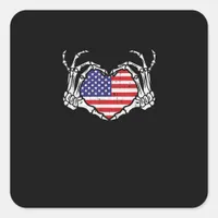 Skeleton Hand Heart 4th Of American Flag Patriotic Square Sticker