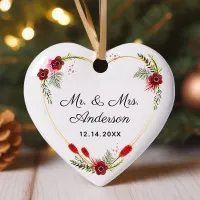 Personalized Floral Heart Photo Mr. & Mrs. Wedding Ceramic Ornament