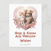 Hugs and Kisses Cat Dog Valentines Pink Card