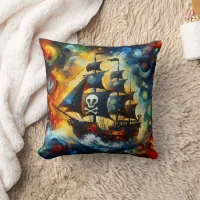 Colorful Pirate Ship Navigating Stormy Seas Throw Pillow