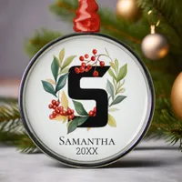 Monogram Initial Letter S Berry Wreath Christmas Metal Ornament