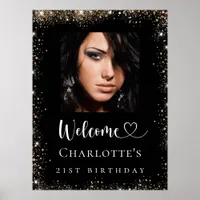 Birthday party black gold glitter photo welcome poster