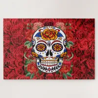 Sugar Skull Pink Red Roses Holidays Large Jigsaw Puzzle