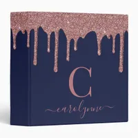 Chic Navy Blue Rose Gold Glitter Drips Monogram 3 Ring Binder