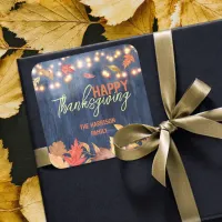 Autumn Leaves Fairy Lights On Wood Thanksgiving Square Sticker