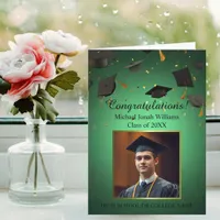 Floating Graduations Caps Confetti Photo on Green Card