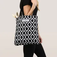 Black white geometrical diamond pattern name tote bag