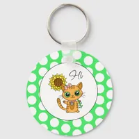 Cute Cat with Sunflower And Polka Dots Keychain