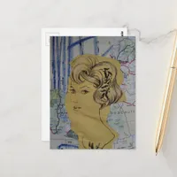 Vintage Woman and a Map Mixed Media  Postcard