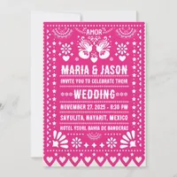 Mexican Pink Papel Picado Fiesta Folk Art Wedding Invitation
