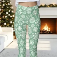 Green and White Snowflake Pattern Christmas Leggings