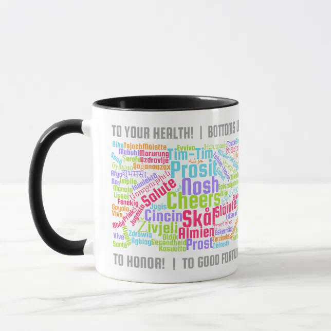 Colorful Word Art Cheers in Many Languages Mug