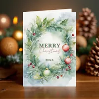 Watercolor Holly Wreath Merry Christmas Holiday Card