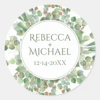 Elegant Eucalyptus Leaf Greenery Wedding Classic Round Sticker