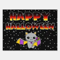 Happy Halloween Cute Bat on Starry Night Seasonal Sign