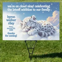 Cute Snow Leopard Cub Sleeps on Clouds Baby Shower Sign