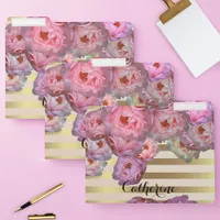 Stylish Pink Peonies On Gold Horizontal Stripes File Folder