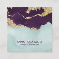 *~* Blue Purple Mint Gold Glitter Agate Geode Square Business Card