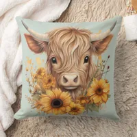 Boho Highland Cow Sunflowers Sage Green Throw Pillow