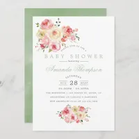 Blush and Sage Watercolor Floral Baby Shower Invitation